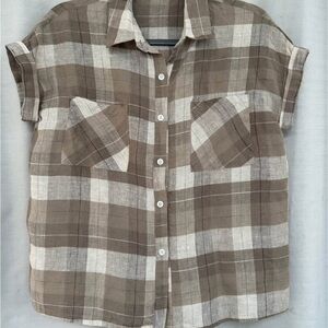 Small medium linen button up blouse checkered plaid linen short sleeve